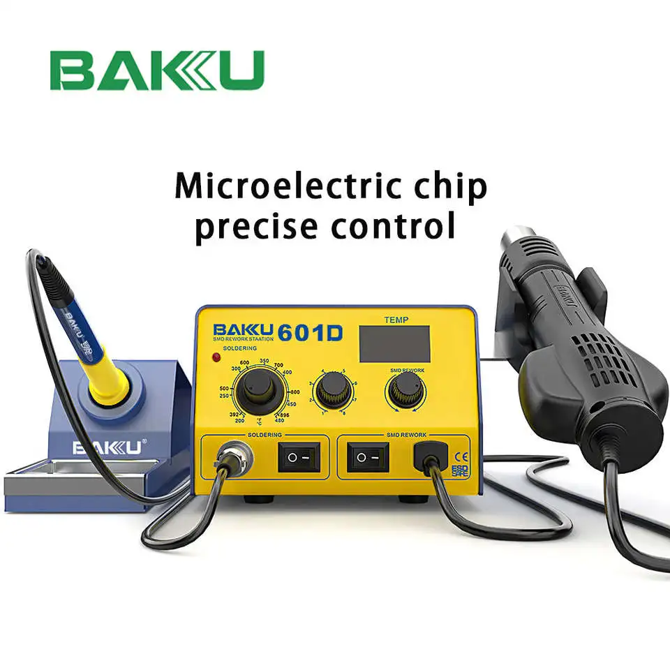 BAKU BK-601D LED Digital Display Hot Air SMD Rework Station, Soldering Iron Heat Gun Kit 2 in 1 for BGA Phone Welding Repair