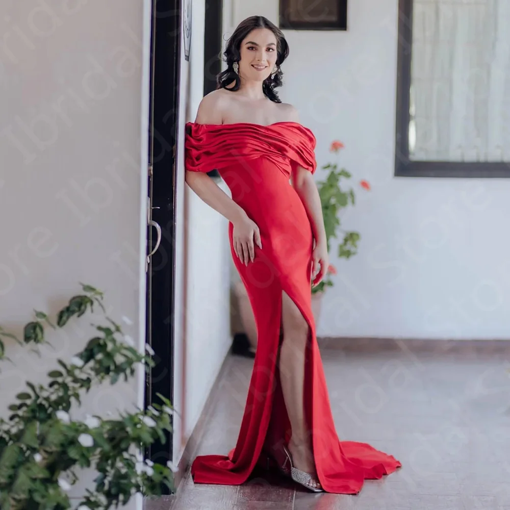 

Classic New Red Evening Dresses Mermaid Off Shoulder Prom Gowns Strapless Short Sleeve Wedding Guest Gowns 2024 Thigh Slit