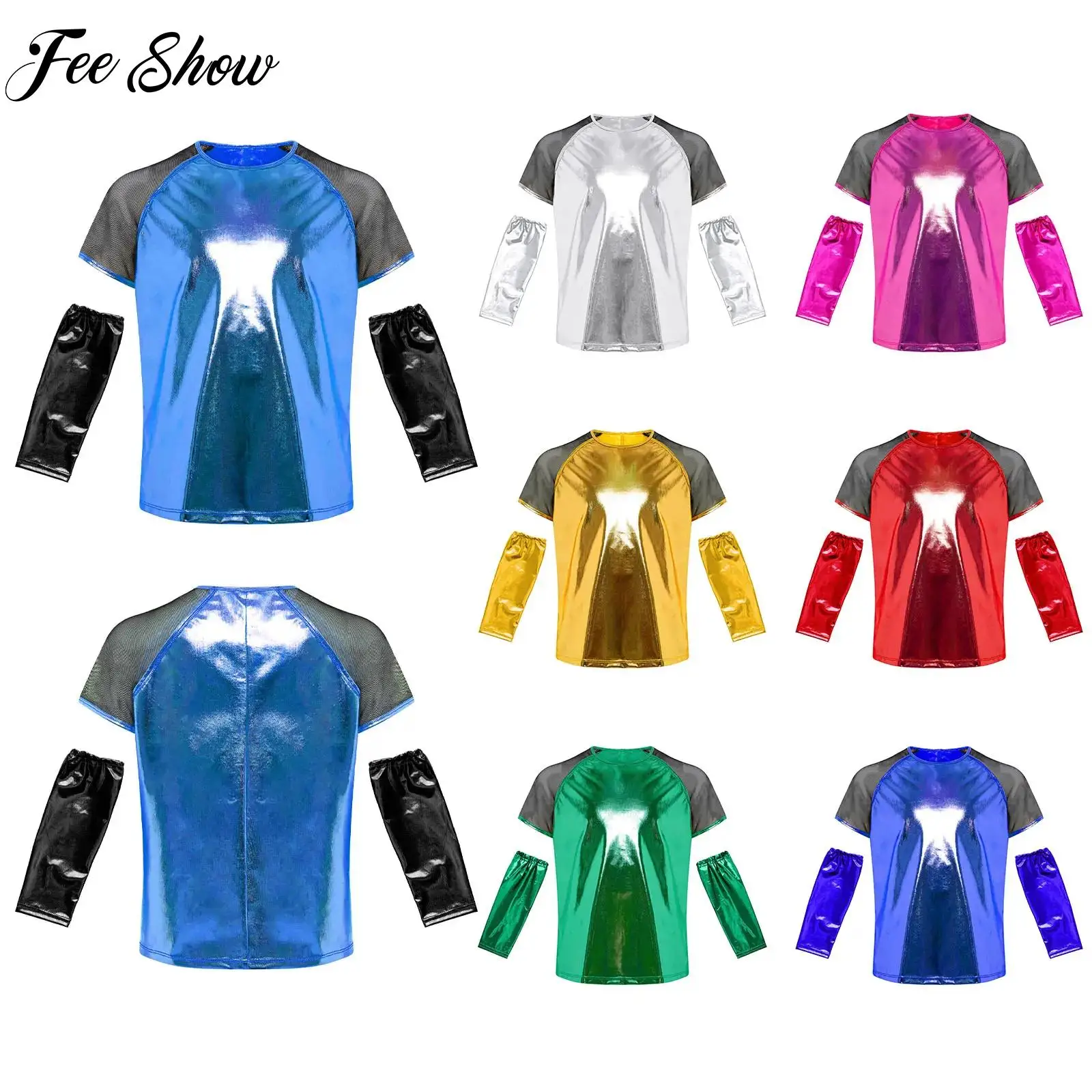 

Unisex Children Street Dancing Outfit Hip-Hop Jazz Dance Costume Short Sleeves Metallic T-shirt+Gloves Performance Dancewear