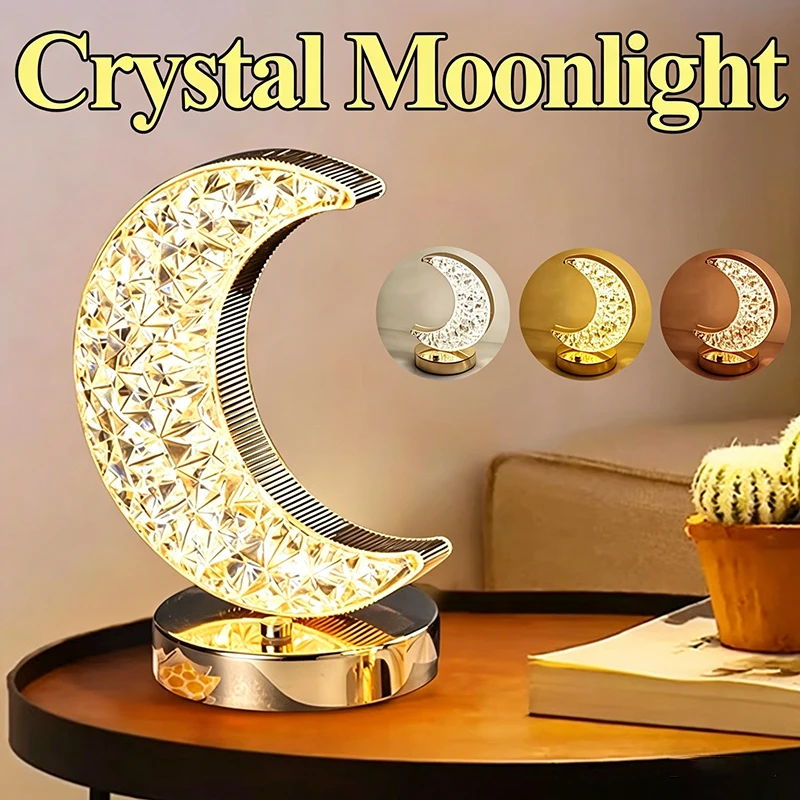 

1PC Moon Night Lamp Crystal Desk Lamp 3 Colors Dimming Table Light Touch Bedside Romantic Diamond Atmosphere Decor Light