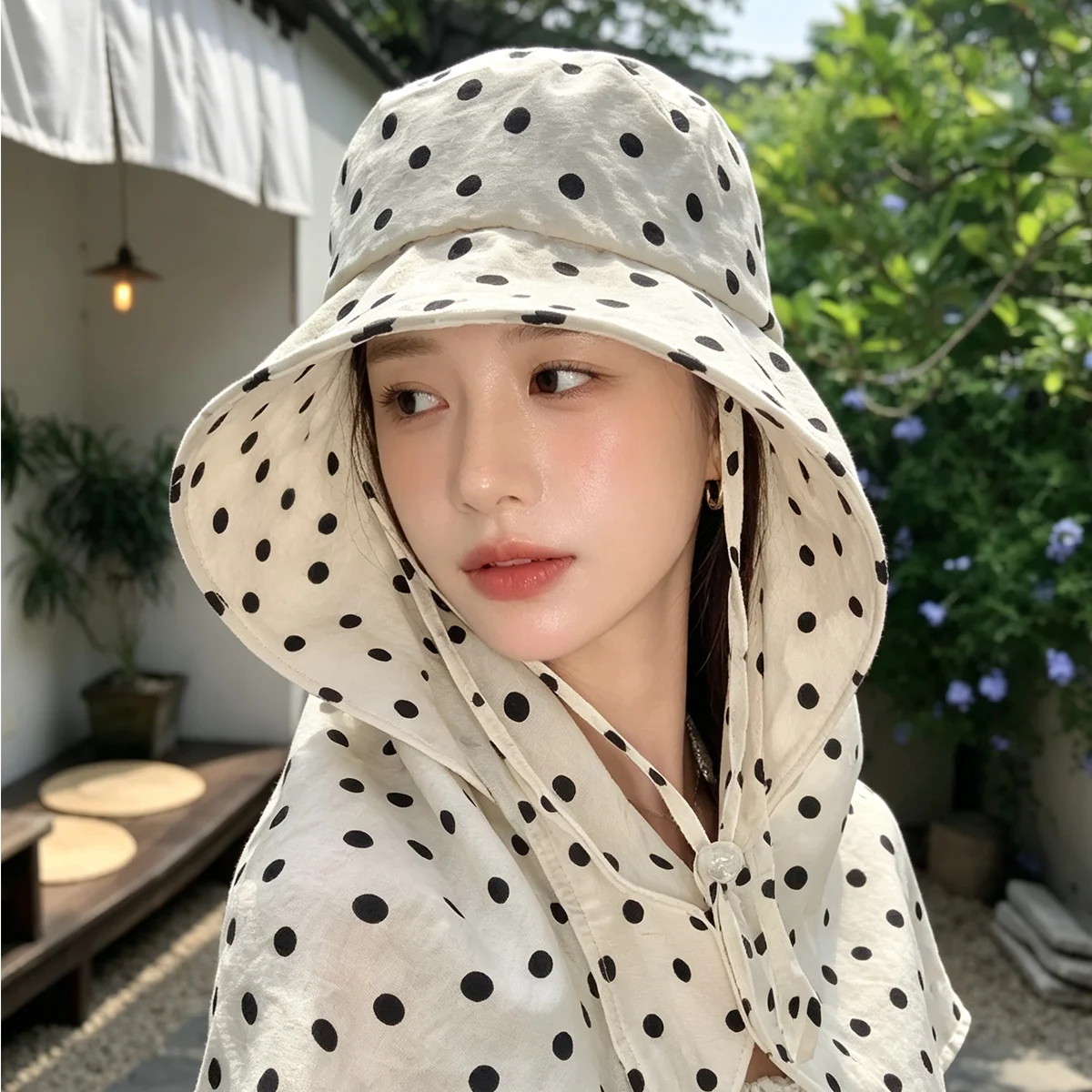 Summer Women's Sun Protection Hat with Scarf Large Brim Fisherman Hat UV Protection Neck Guard Polka Dot Design Outdoor Hat