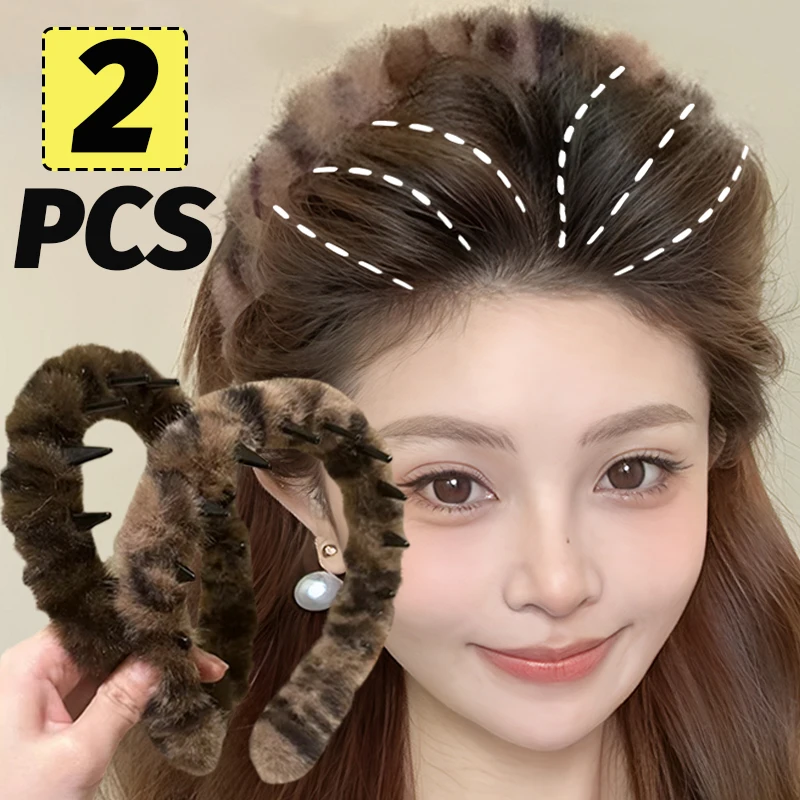 

Retro Leopard Print Toothed Plush Headband High Cranial Top Fluffy Hair Bands Hoop Women Autumn and Winter Korean Hair Accessory