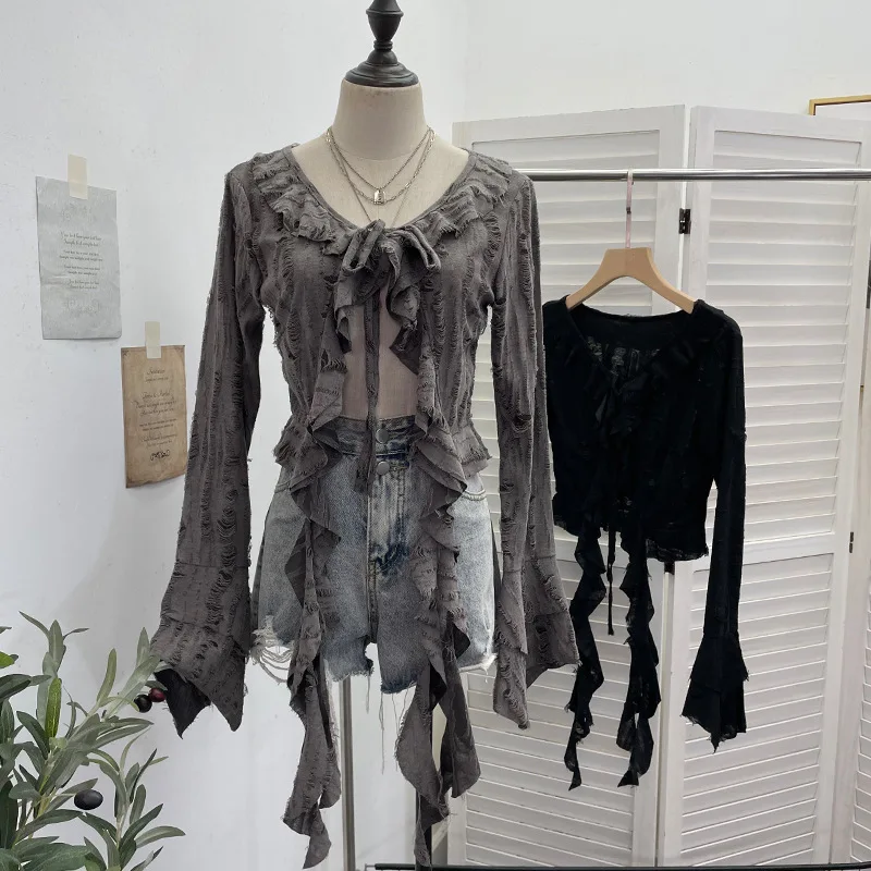 ISAROSE Wasteland Style Cardigan for Women Punk Spring Autumn Solid Color Flare Long Sleeves Front Lace-up Ruffle Ripped Tops