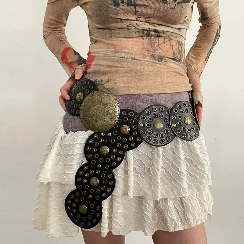 Western Cowboy Wide Golden Rivet Steampunk Circles PU Leather Waistband Vintage Large Round Buckle Waist Belt Girdle For Women