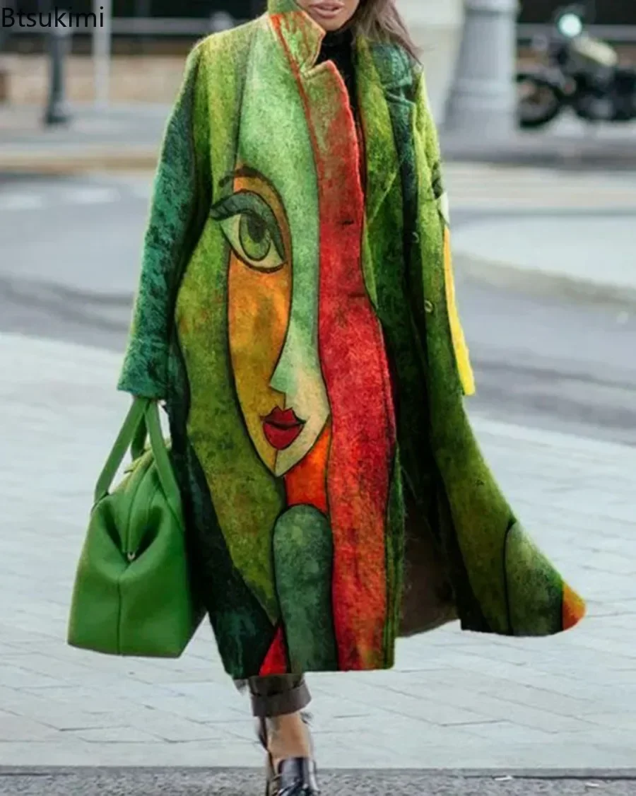New Women's Overcoats Fashion Color Blocking Lapel Coats Windproof Woolen Jackets Autumn Winter Women Clothes Street Female Coat