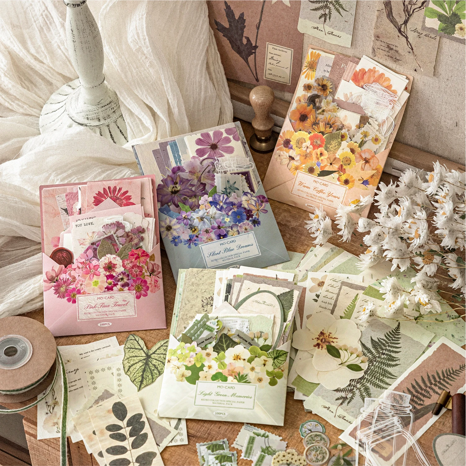 100pcs/lot Memo Pads Material Paper Daily Dried Flower Post Office Junk Journal Scrapbooking Cards Retro Background Decoration