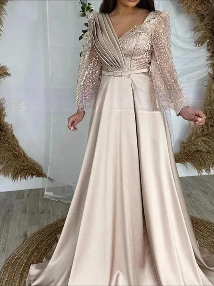 

Champagne Satin A-Line Evening Dress Elegant Formal Gown Sequin Sheer Sleeve Belted Long Party Dress 2025 New Arrival Customized