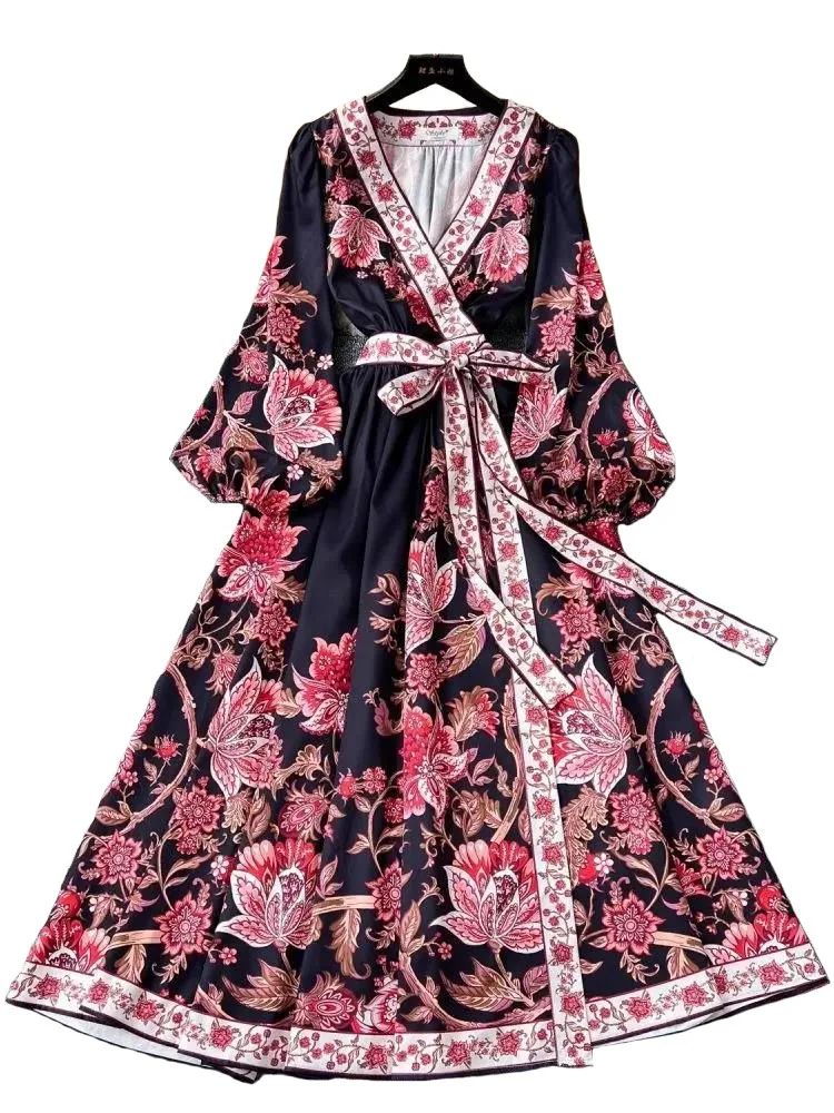 2025 Spring Autumn Holiday Flower Print Muslim Wrap Dress Women Cross V Neck Lantern Sleeve Lace Up Bandage Boho Long Vestido