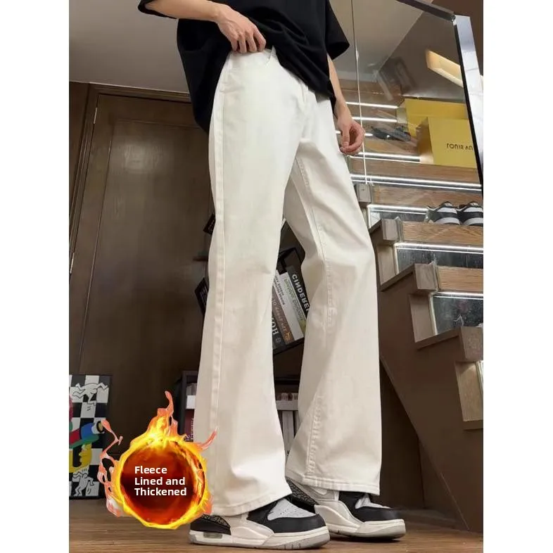

Белые джинсы с флисовой подкладкой для мужчин, осенне-зимние, прямые, слегка расклешенные, в стиле High Street, из смесового хлопка и полиэстера