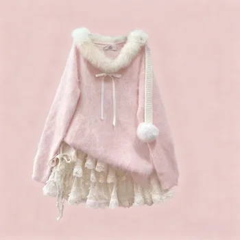 Christmas Kawaii Japanese Y2k Long Sleeve Pullover Women Casual Sweet Faux Fur Collar…