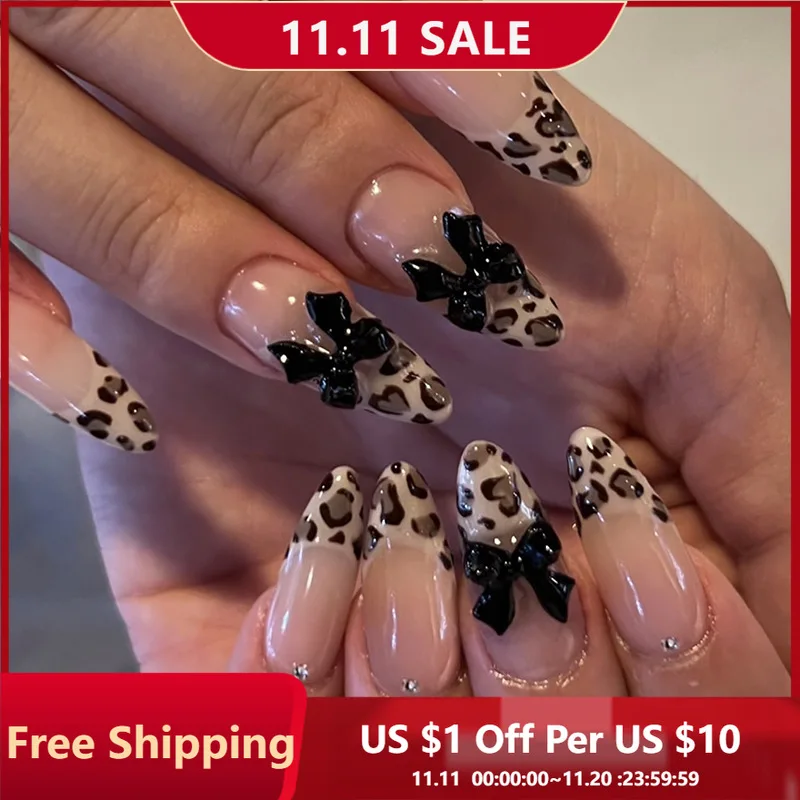 

24pcs Almond-Shaped Nails Leopard Print Featuring a French Tip Design And 3D Bow Decor Glossy Full Coverage Press-On Fake Nails