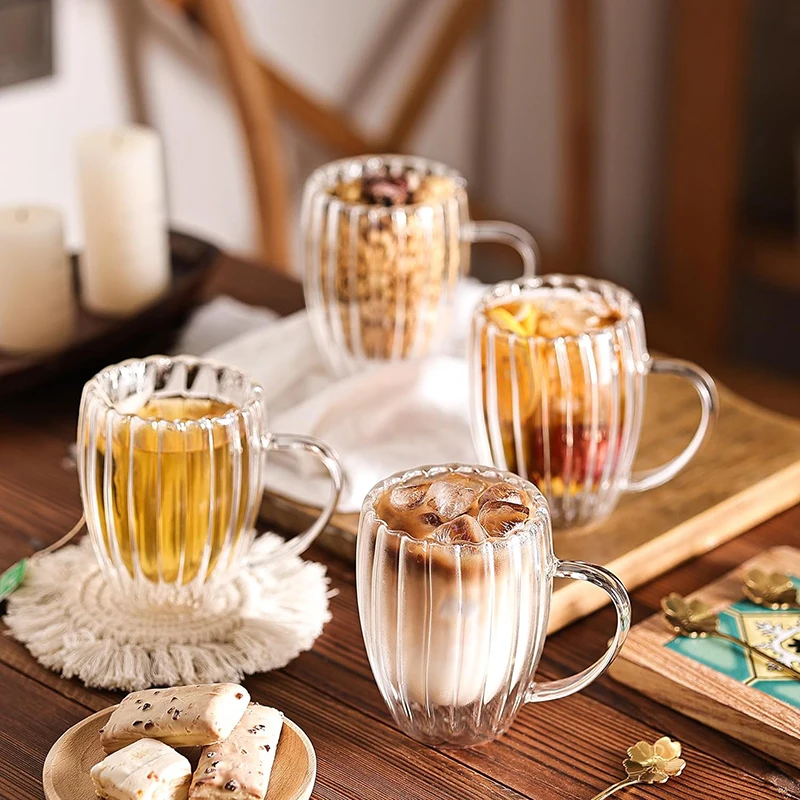 Classic Vertical Stripes Double Wall Glass Coffee Mugs Drinking Cups Aesthetic Tea Cup Clear Insulated Glasses Beer Milk Juice