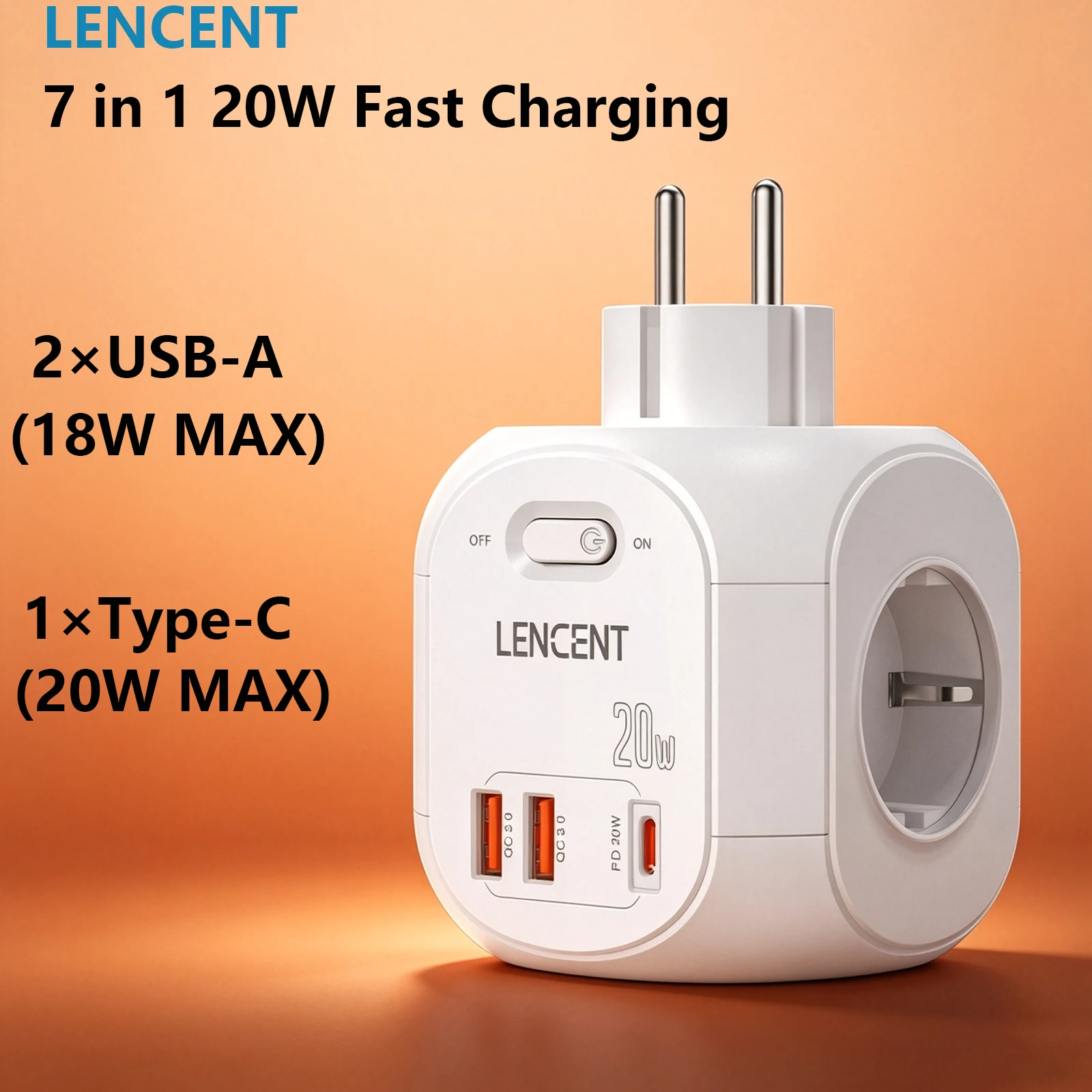 LENCENT EU Plug Wall Socket Extender with 4 AC +QC3.0USBX2 +1 Type C PD20W Fast Charger Adapter 7-in-1 Socket On/Off Switch