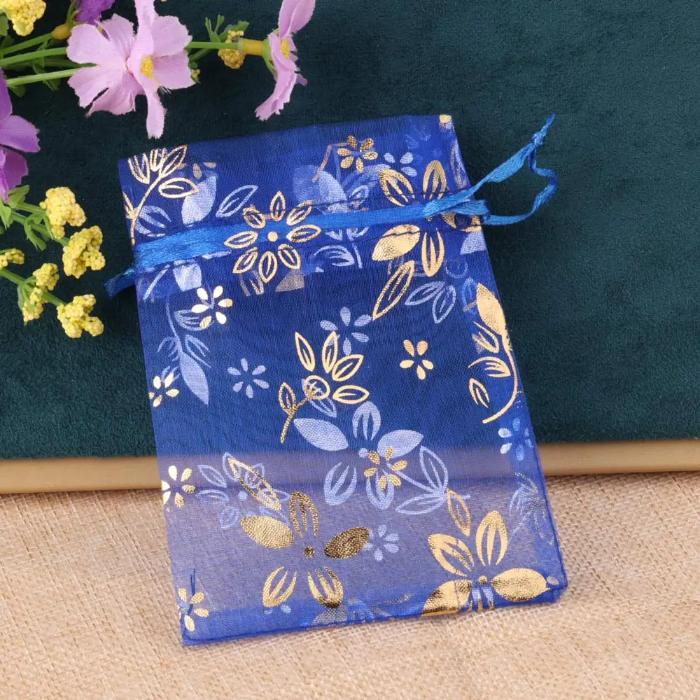 10pcs/20pcs Bauhinia Foil Stamping Organza Gift Bag Gold Color Flower Print Wedding Party Candy Jewelry Packaging Pouches