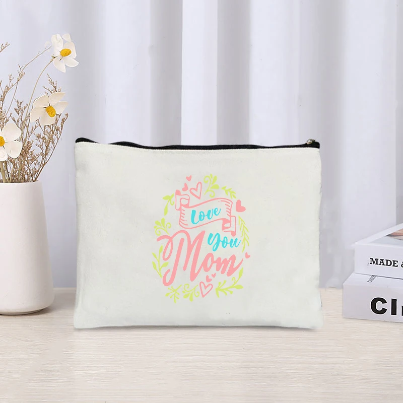 I Love You Mom Flower Print Cosmetic Bag Travel Storage Canvas Bag Pencil Case Perfume Lipstick Makeup Bags Wallet Gift for Mama