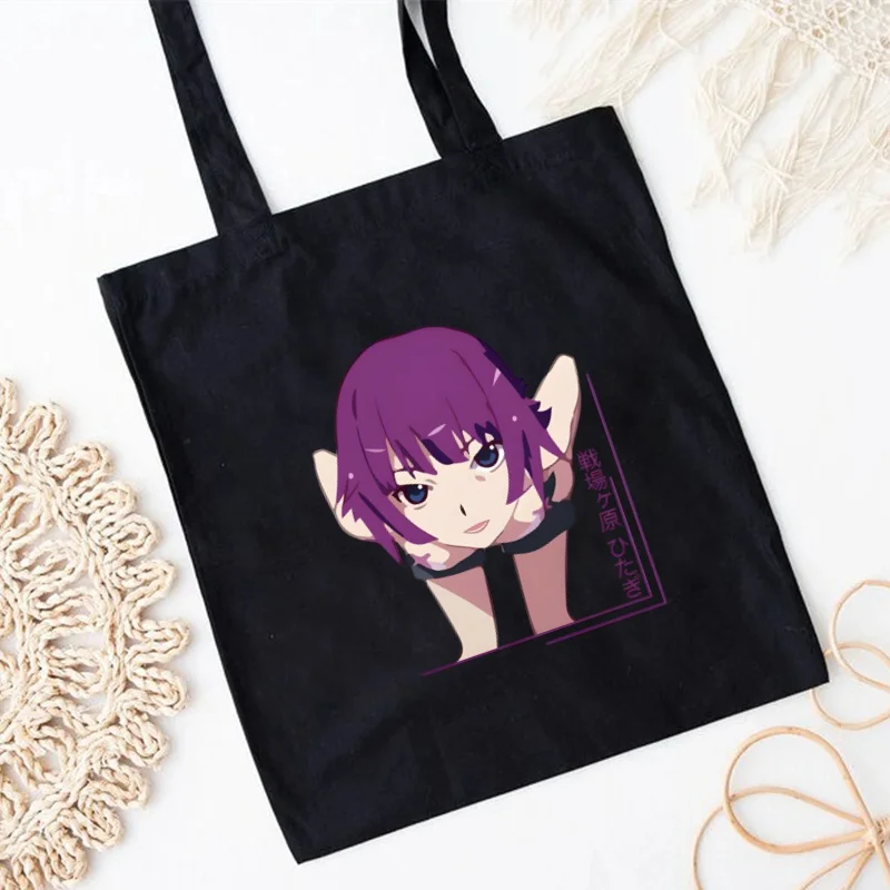 Bakemonogatari Senjougahara Oshino Shinobu Women Handbags Canvas Tote Shopping Bags Reusable Black Shopping Bag Eco Foldable