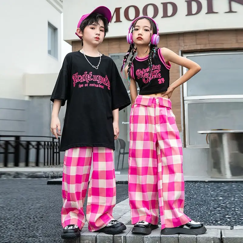 Hip Hop Mädchen Ernte Top Plaid Hosen Jungen lose T-Shirt Street Dance Kind Streetwear Teen süße Kleidung setzt Kinder Jazz Kostüme