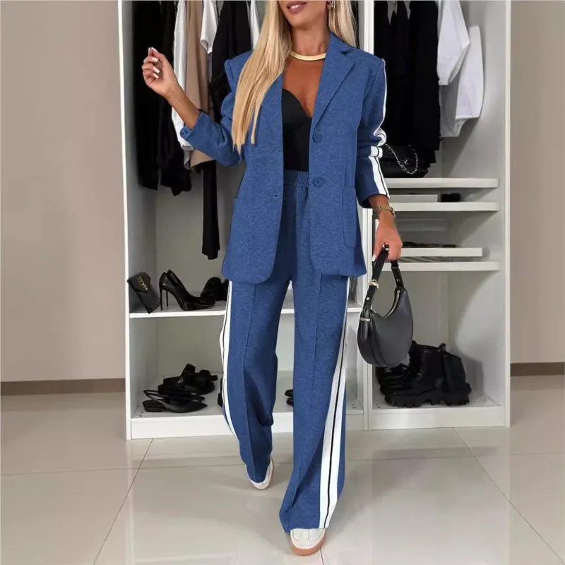 Neue Frühling Herbst Mode Blazer Set Frauen Casual-Taste Schlank Gestreiften Anzüge Jacke Lose Hohe Taille Lange Hosen Zwei Stück Sets