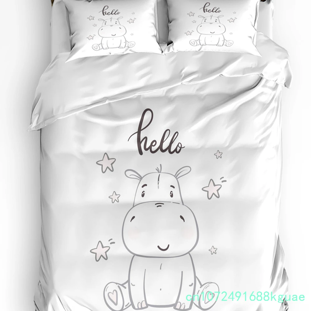 Kawaii Stars Hippo Baby Cute Animal White 3pcs Bedding Set For Double Bed Home Textile Duvet Cover Quilt Cover Pillowcase