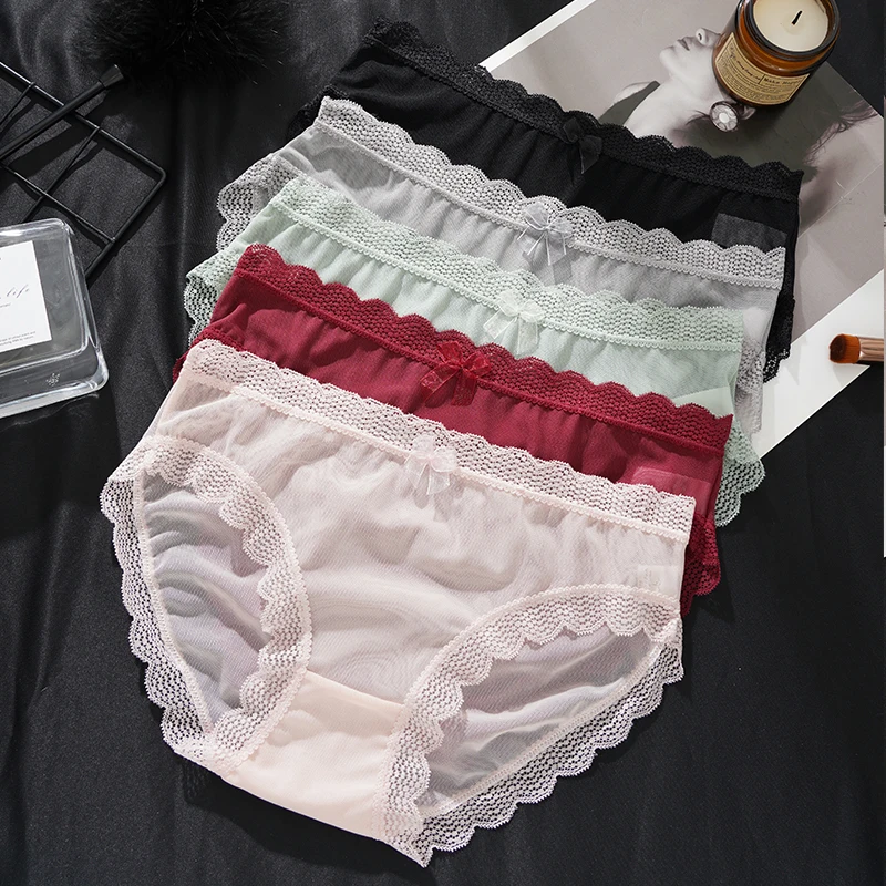 Women Sexy Mesh Briefs Hollow Out Breathable Panties Lace Trim Transparent Underwear Seamless Low-Rise Briefs Girls Thin Panties