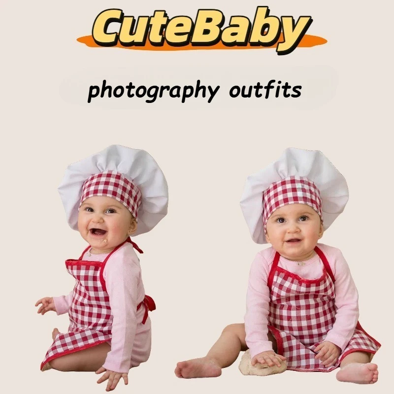 

Костюмы шеф-повара из 2 предметов, наряды для фотосъемки новорожденных, милый фартук и шляпа в клетку, реквизит для детской фотосессии для ролевых игр и студийной съемки