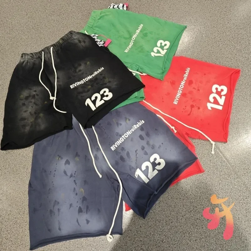 Stock 24ss Hiphop Street RRR123 Shorts Vintage Washed Distressed Ink Splashed Casual Sports Rolled Drawstring Pants Men Women