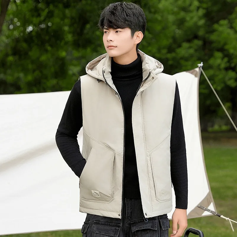 

Autumn and Winter Men's Solid Color Hooded Zipper Pocket Sleeveless Vest Cardigan Jacket Fashionable Top