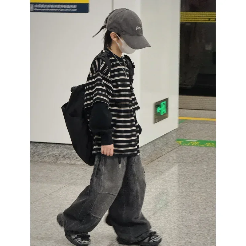 

Новинка осени 925, свободный повседневный полосатый свитер со знаменитостями в Интернете для мальчиков и девочек, детский свитер