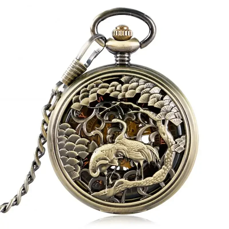 Bronze Hollow Double Crane Handwinding Mechanical Pocket Watch Men Pendant Chain Clock Men Women Cool Gift Relogio De Bolso