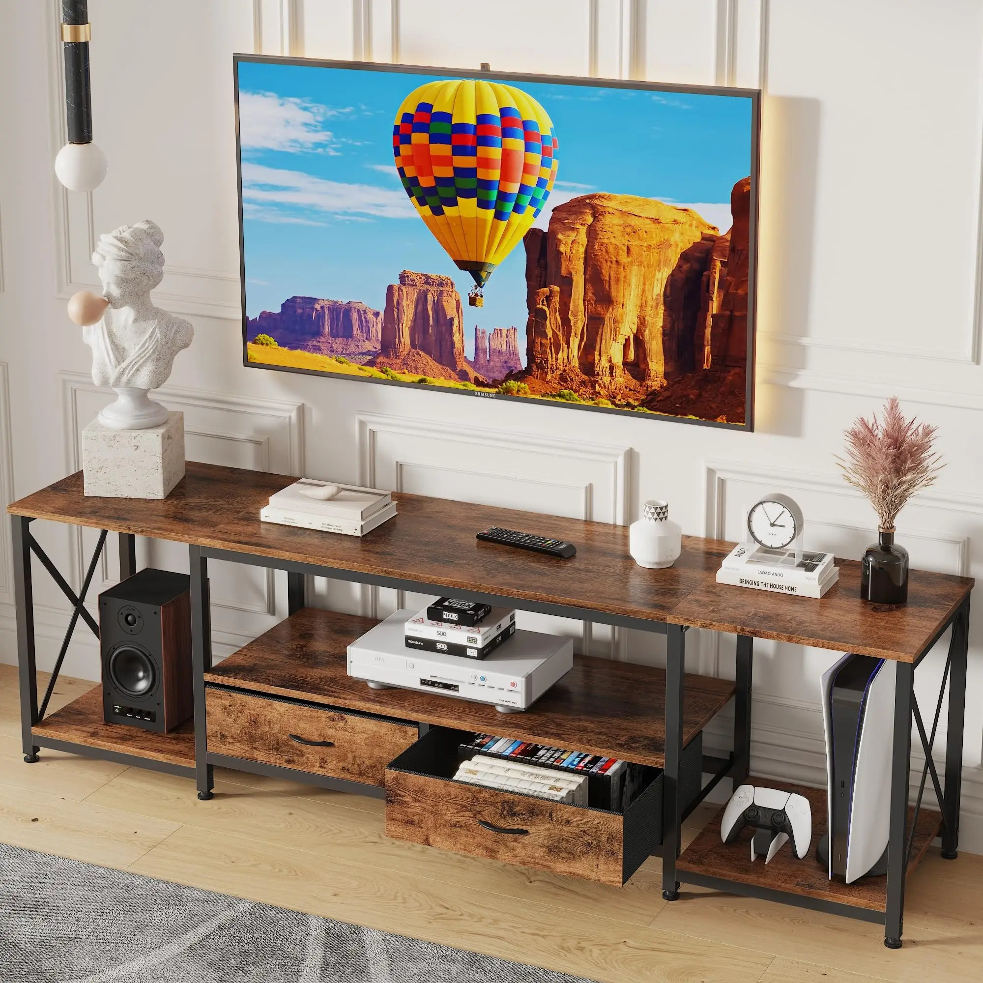 Wood TV Stand TV Console Table with Open Storage Shelves And Fabric Drawer For Living Room Bedroom