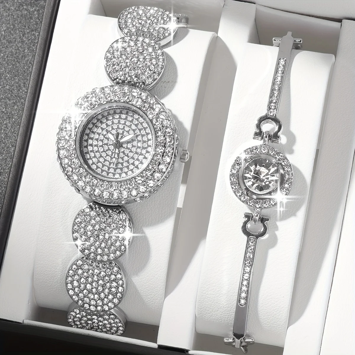 2pcs/set Women\'s Watch Luxury Rhinestone Quartz Bracelet Watch Stainless Steel Bangle Cuff Watch & Bracelet, Gift For Mom Her