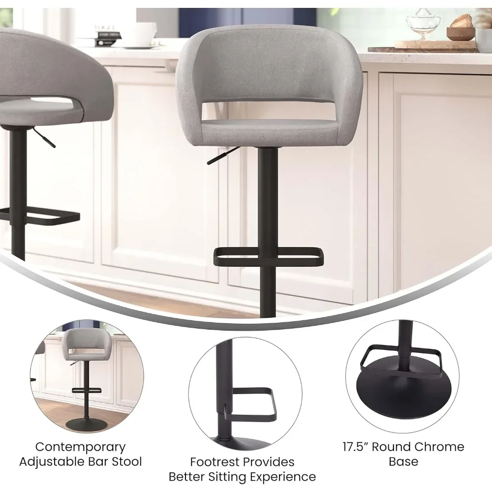 Modern Bar Stool com Encosto Médio Redondo e Apoio para os Pés, Altura Ajustável, Tecido Cinza, Base Preta, Confortável e Elegante