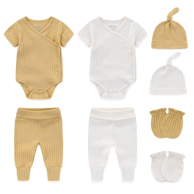 8 Pieces Unisex New Born Baby Girl Clothes Sets Cotton Bodysuits+Pants+Hats+Gloves Baby Boy Clothes Solid Color Short Sleeve