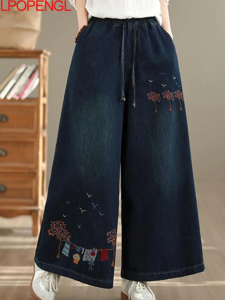 

2026 Spring New Ethnic Style Embroidered Flower Washed Distress Jeans Women's Loose Vintage Drawstring Denim Wide Leg Pants