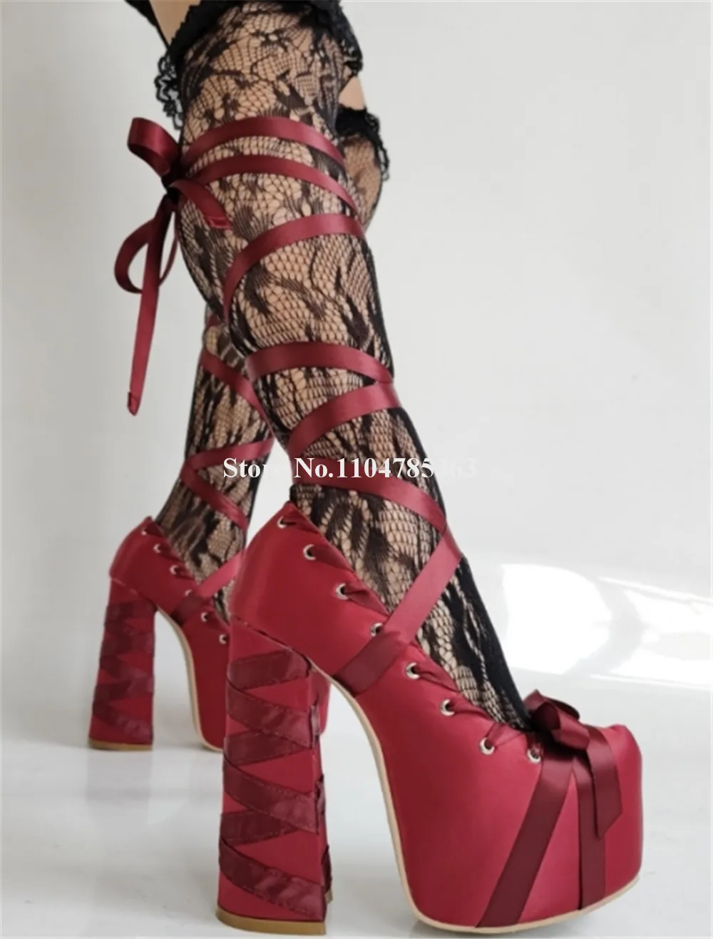 

Newest Strappy Cross Chunky Heel Satin Pumps Sexy Round Toe Wine Red Pink Black Lace-up High Platform Thick Heels Big Size