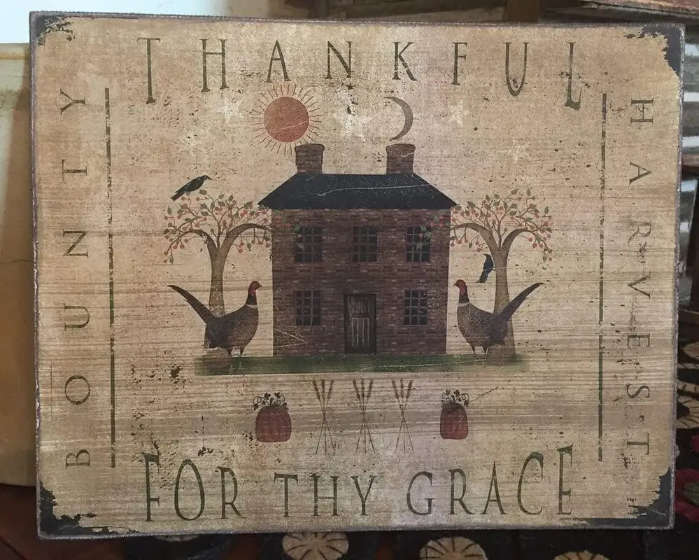 Funny Tin Metal Sign Primitive Folk Art Thanksgiving Thankful for Thy Grace, Harvest, Bounty, Pumpkins,Autumn Print Worker Schoo