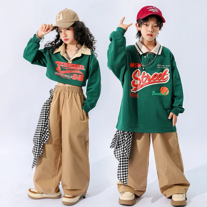 Ropa de baile moderno para niños, camisas verdes, pantalones sueltos, trajes deportivos Kpop para niñas y niños, ropa de Hip Hop, DQS11579, novedad