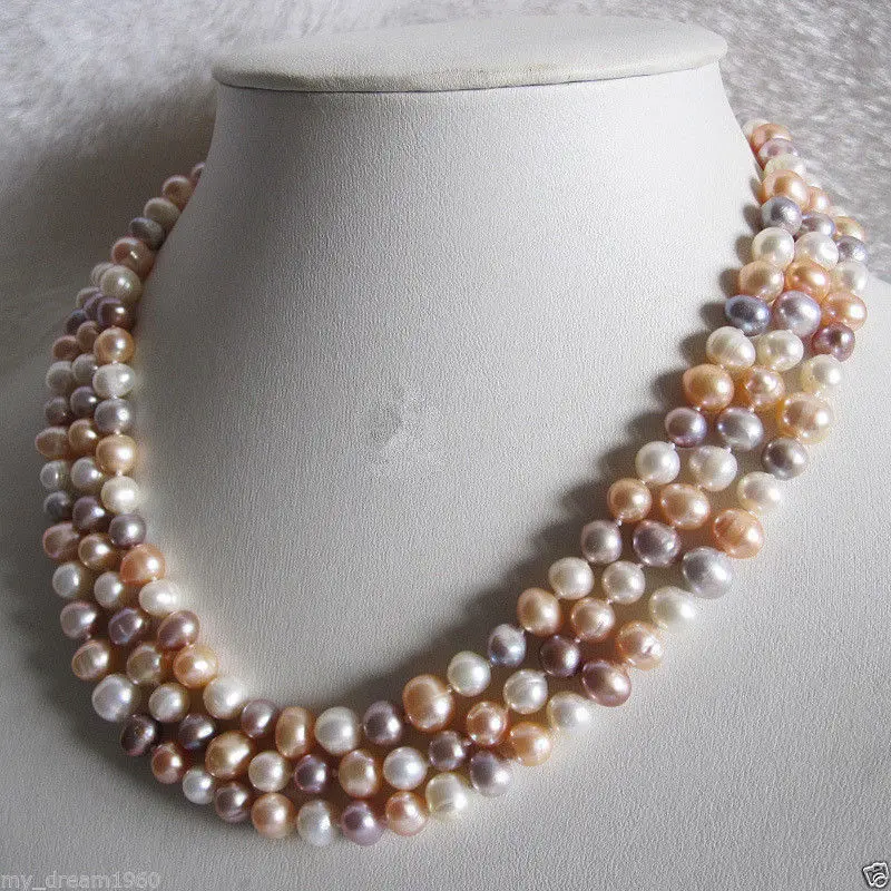 

NEW Genuine 3 Rows 8-9MM Natural White Pink Purple Freshwater Pearl Necklace