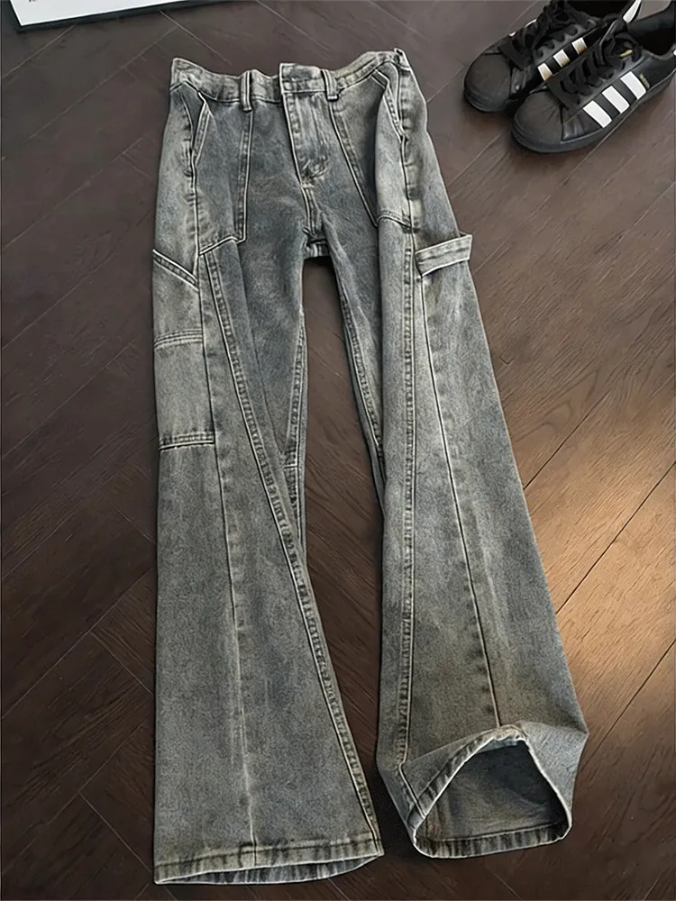 

American Retro Tapered Bell Bot Jeans Men's Sle Knife Splicing Workwear Pants Belted Wide Leg Trousers