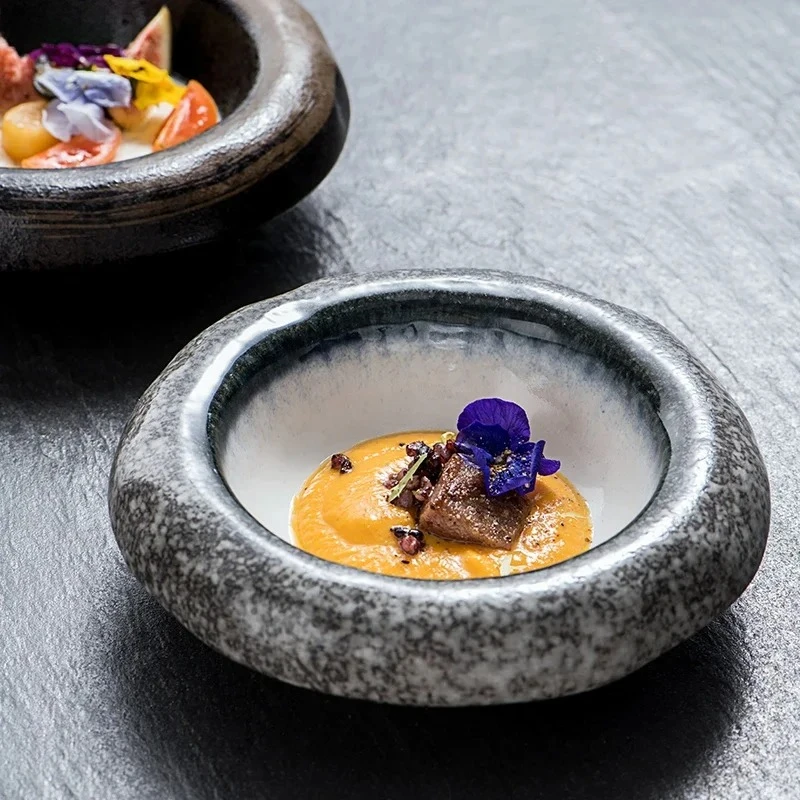 Japanese Kiln Changes Ceramic Plate Dessert Dish Sushi Sashimi Plate Retro Salad Bowl Italian Noodle Plate Specialty Tableware