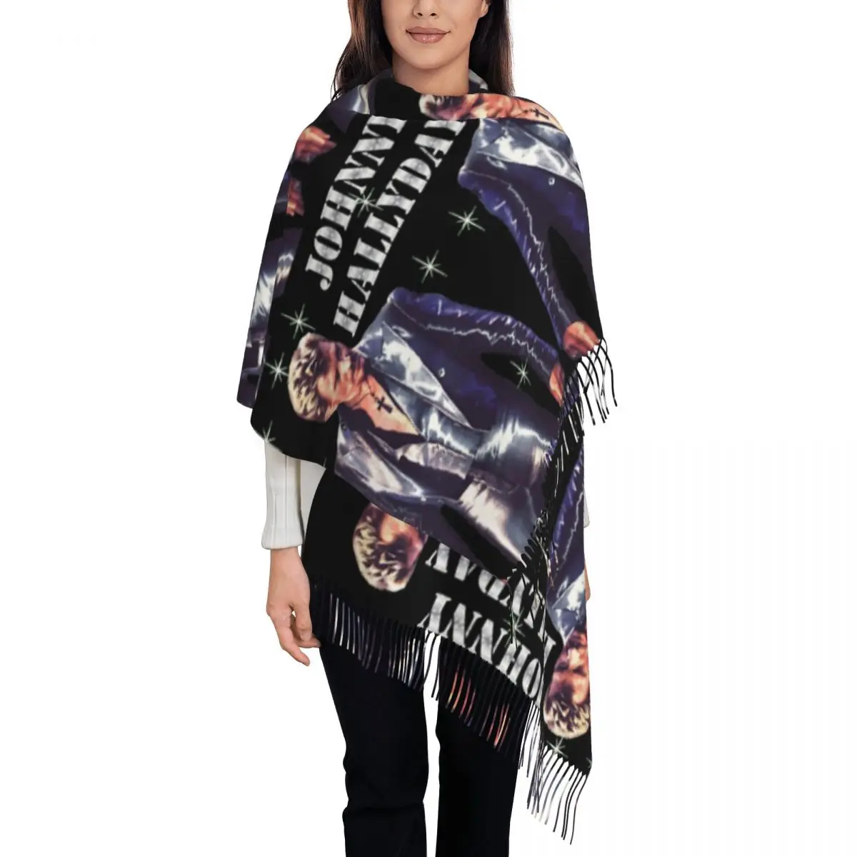 

Женский шарф с кисточками Johnny Hallyday, рок-музыка, французская певица, большая зимне-осенняя шаль, подарки, шарфы из пашмины
