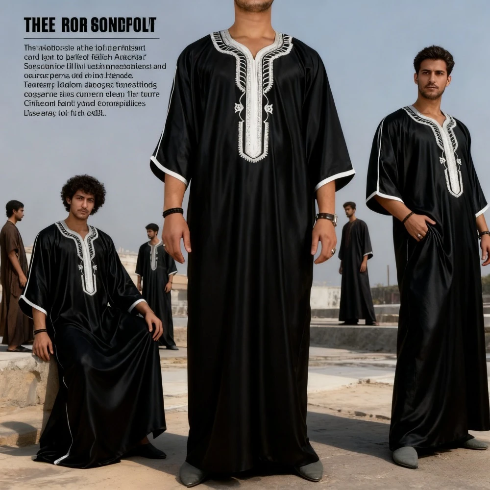 Men's Black Embroidered Muslim Robe Loose Islamic Long Shirt Casual Prayer Clothing
