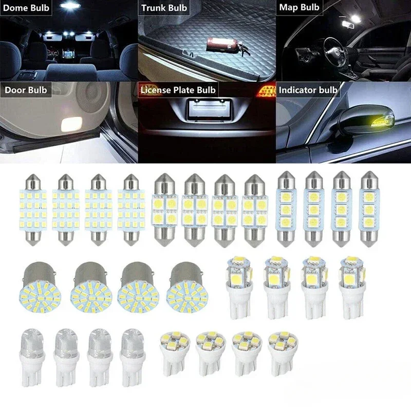 28/42Pcs T10 6500K 12V Car Interior LED Dome Map Light Bulb Kit Door License Plate Trunk Courtesy Lamp White Lights Accessories