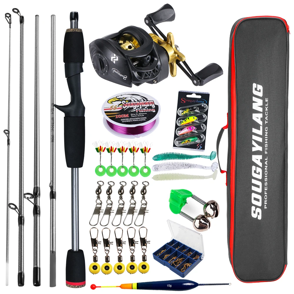 Sougayilang Baitcasting-Angelrute und Rolle, komplettes Kit, 5-teilige Angelrute und Aluminium-Spulenrolle für Süßwasser-Barsch-Angelset 10