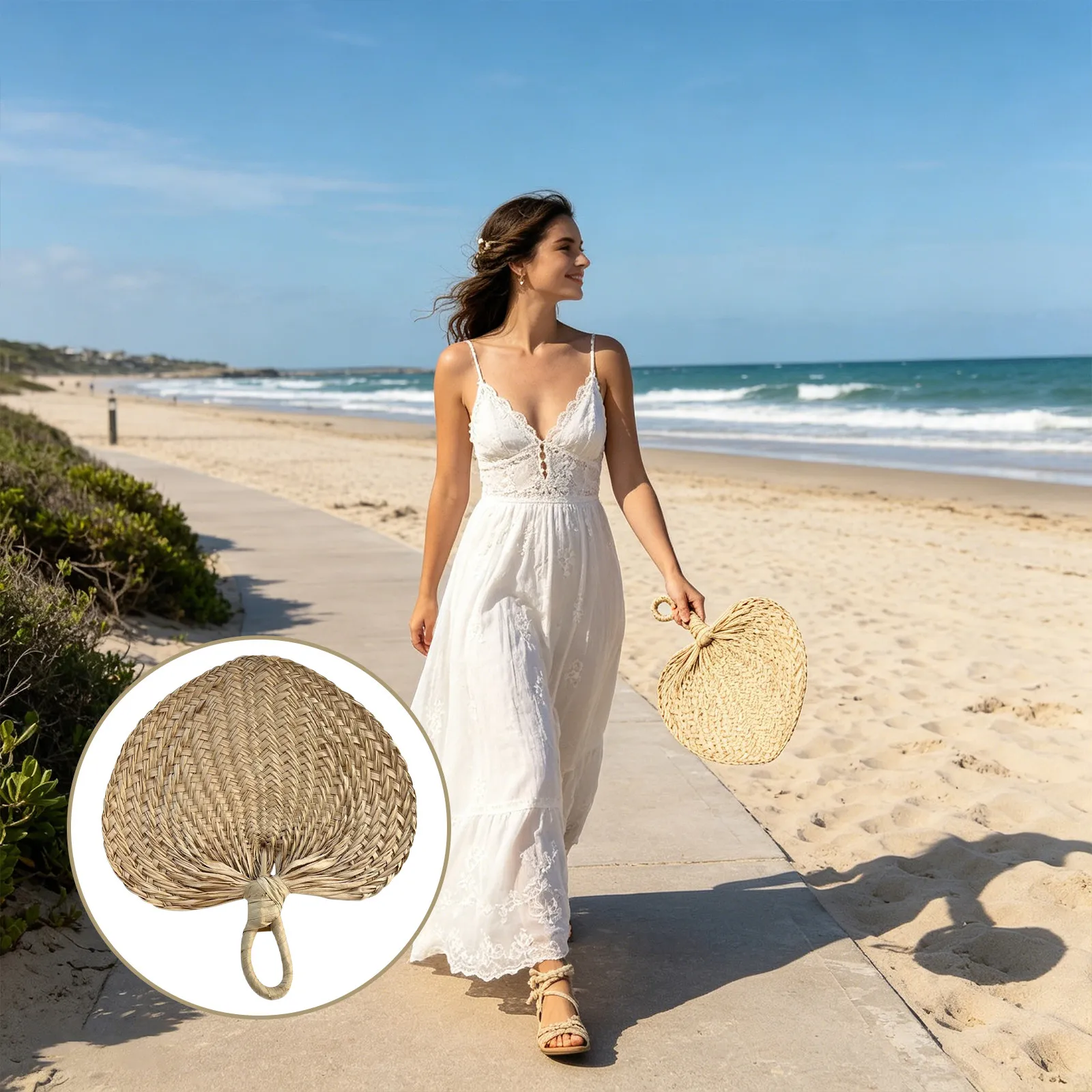 12Pcs Natural Raffia Fans Handwoven Palm Leaf Rustic Wedding Handheld Fans for Guest Cooling Summer Party Favor Decorative Wall