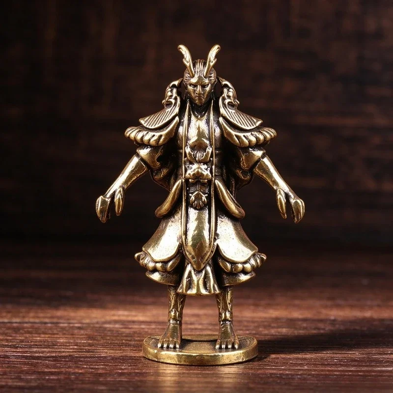 Brass Oriental Dragon King Figurine Vintage Myth Character Statue Desktop Ornament Tea Pet Collectible Craft Gift