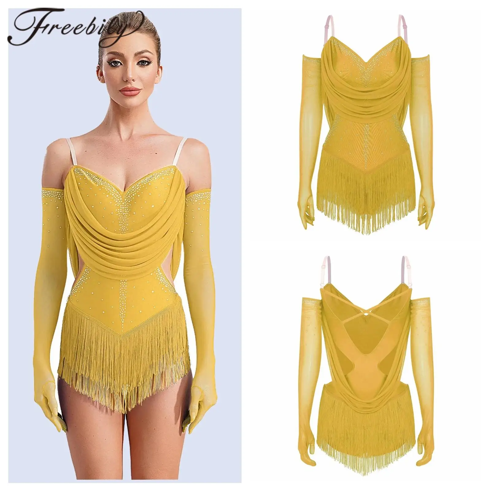 Women's Fringed Gymnastics Bodysuit with Gloves Ruched Mesh Drapes Latin Dance Leotard Cutout Tassel Ballet Chacha Jumpsuit