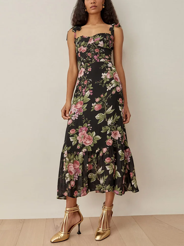 

Wedding Guest Party Dresses For Women 2022 Elegant Vintage Floral Print Midi Dress Spaghetti Strap Tie Vacation Summer Dress