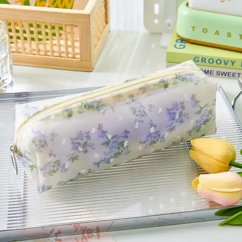 Large Capacity Transparent Zipper Pencil Case Kawaii Flower Pen Bag Waterproof Pencil Pouch Organizer Stationery School Supplies