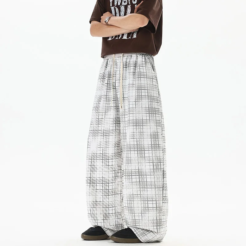 Plus Size 5XL-M Summer Thin Men's Casual Plaid Pants All Match Comfortable Ice Silk Loose Straight Trousers Men Clothing 2026